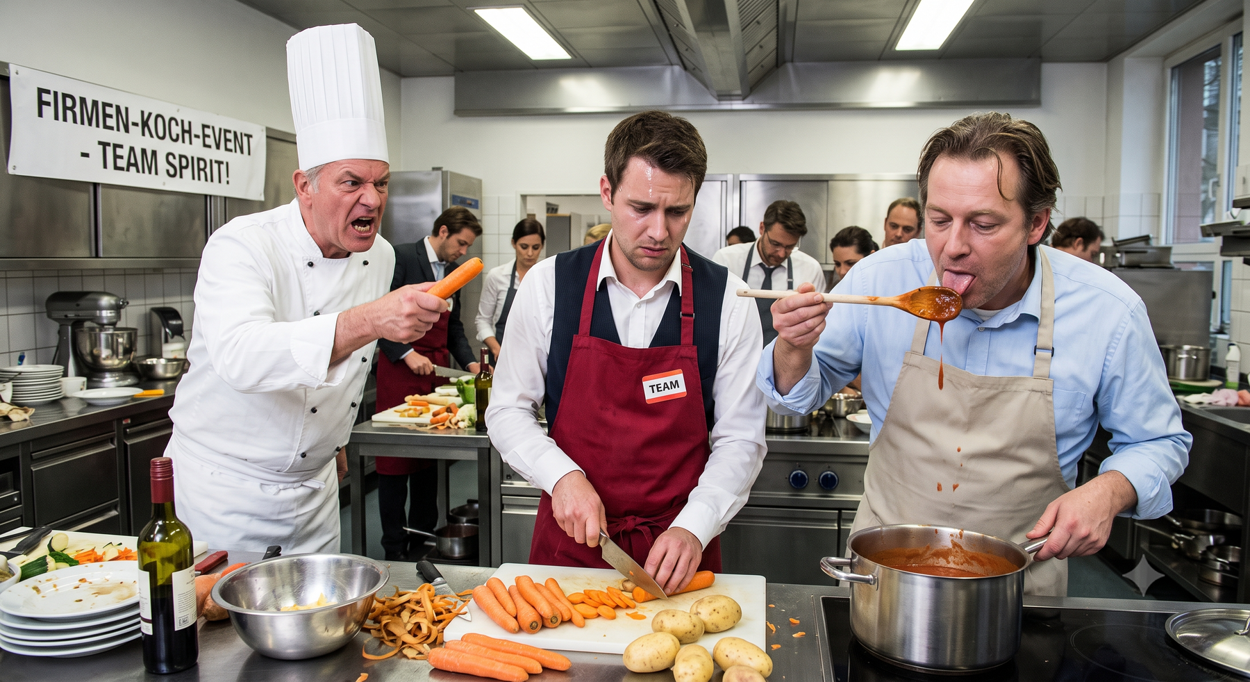 Das Team-Building-Kochen – Bezahlte Zwangsarbeit, cross-kontaminierte Saucen und der Tyrann mit der Kochmütze