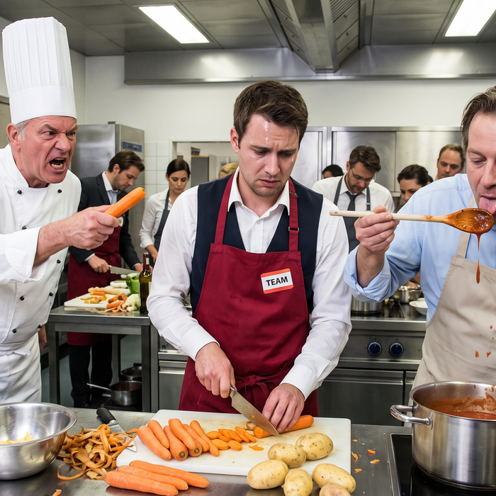 Das Team-Building-Kochen – Bezahlte Zwangsarbeit, cross-kontaminierte Saucen und der Tyrann mit der Kochmütze