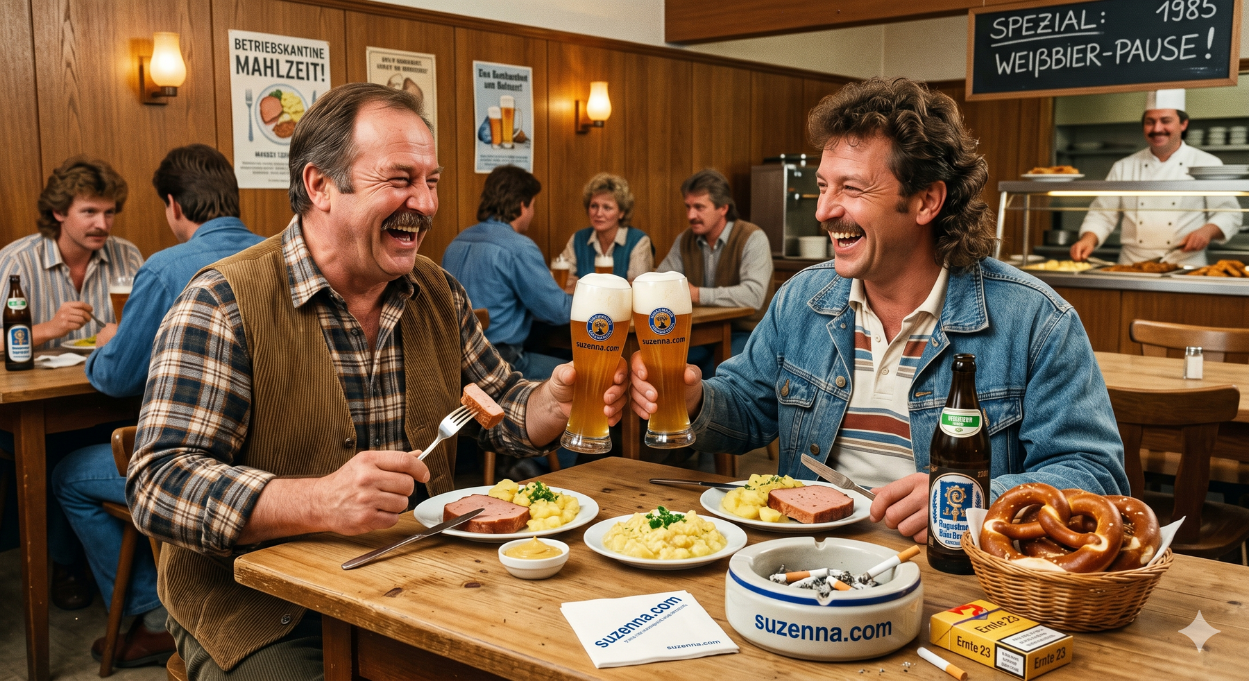 kantine in den 80igern mit Leberkas und Weissbier, Leute prosten sich zu in der Mittagspause