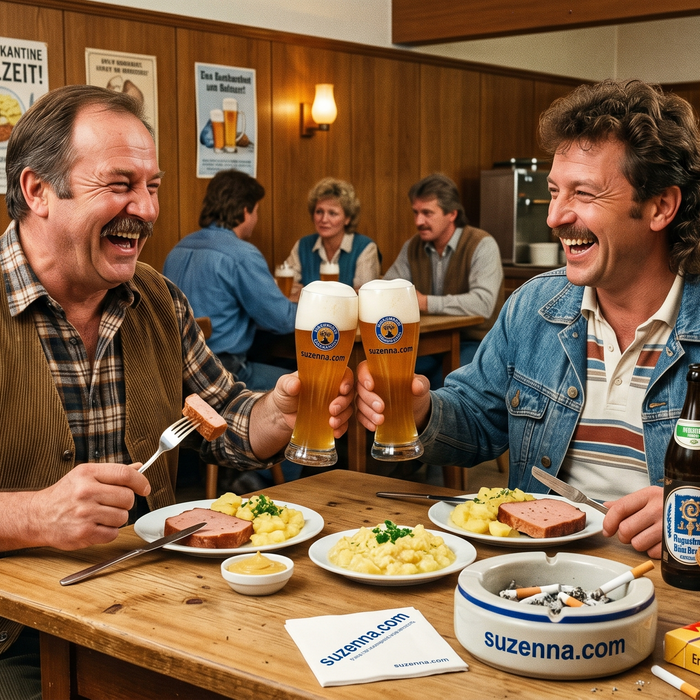 kantine in den 80igern mit Leberkas und Weissbier, Leute prosten sich zu in der Mittagspause