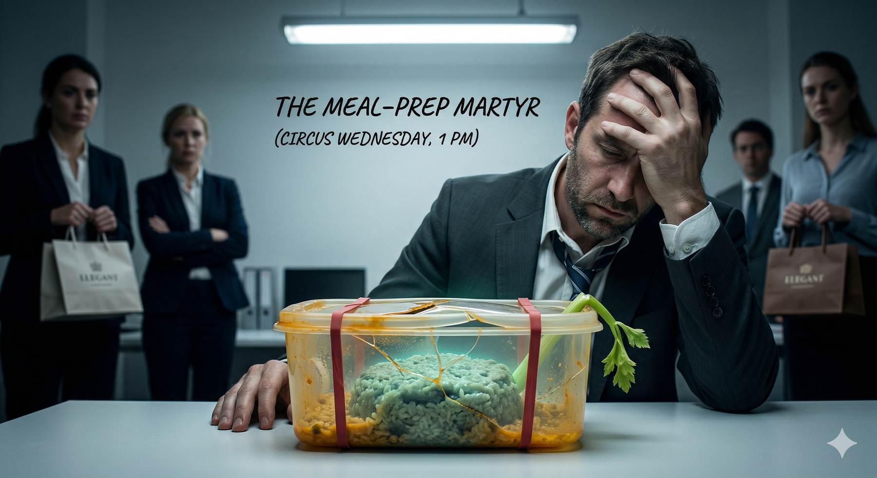 Ein Close-Up-Foto eines sehr traurig aussehenden, grauen Klumpens Reis mit verkochten, undefinierbaren Gemüsestücken in einer verfärbten, zerkratzten Plastikdose.