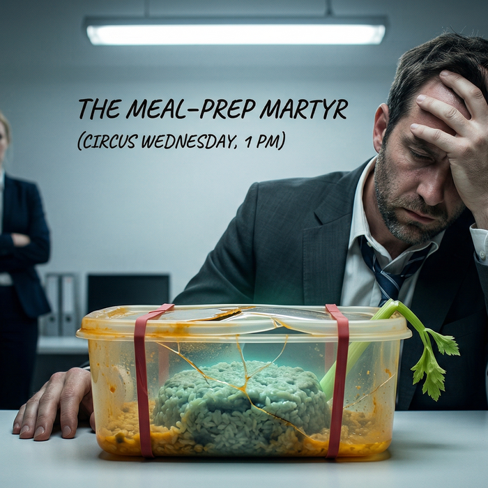 Ein Close-Up-Foto eines sehr traurig aussehenden, grauen Klumpens Reis mit verkochten, undefinierbaren Gemüsestücken in einer verfärbten, zerkratzten Plastikdose.