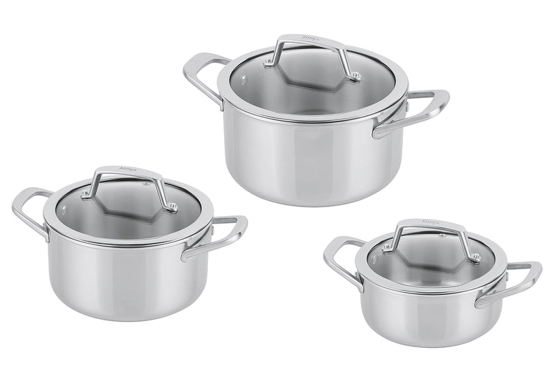 NINJA Topfset 3teilig EverClad Edelstahl mit Glasdeckel (16cm,18cm,20cm)