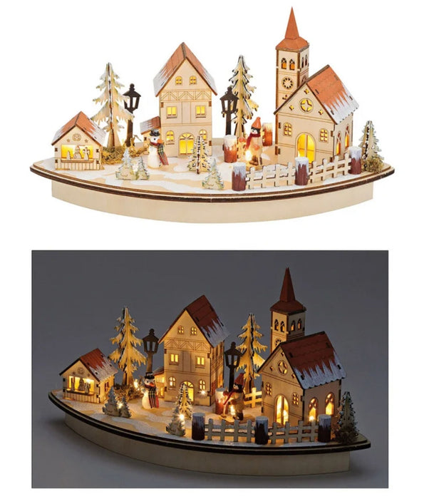 Decorated and illuminated winter landscape made of filigree wood. Dimensions 36 x 20 x 17 cm. Idyllic Christmas decoration