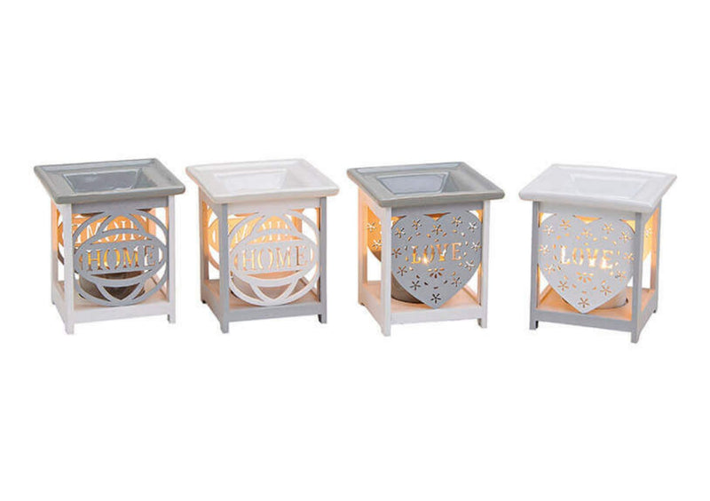 Duftlampe " HOME " aus Keramik und Holz, grau, für Teelichter, Ausführung mit abnehmbarer Duftschale, ideal für Duft- Öle und Wachse, Maße: Länge x Tiefe x Höhe = 10 x 10 x 12 cm ideal als Geschenk oder Zuhause