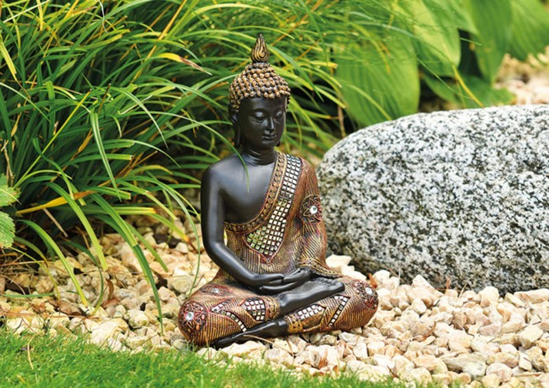 Große Buddha-Figur meditierend sitzend, 27 cm in schwarz Gold, mit feiner Struktur gemuster, Wohnaccessoire, schöne Thai Statue, innen und außen