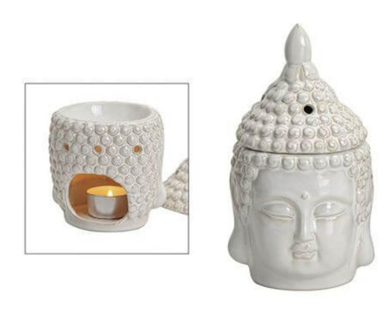 Duftlampe Buddha aus Keramik, weiß, für Teelichter, Ausführung mit abnehmbarem Duftdeckel, 20 x 11 x 11 cm