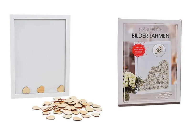 Tolles Gästebuch oder Hochzeitsbuch Alternative, Modell: RAHMEN AUS GLÜCKWÜNSCHEN. Mit 80 Holzherzen für individuelle Gestaltungen und Befüllung,