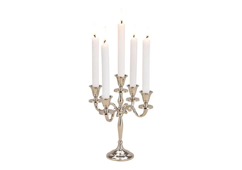 5 flammiger silberfarbener Kerzenständer, Höhe 27 cm mit 23 cm Breite, Modell URBAN CANDLE LIGHT, Kerzenhalter, Kerzenleuchter, Kandelaber, fester Stand, Aluminium versilbert