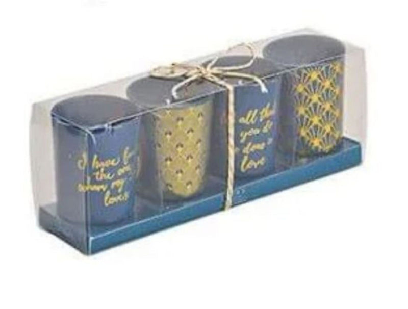 4er Set tolles Windlicht- Teelicht Kerzenset in blau mit goldfarbenem Muster, Durchmesser je 6 cm, Höhe 8 cm, tolle Geschenkidee oder Heimdekoration