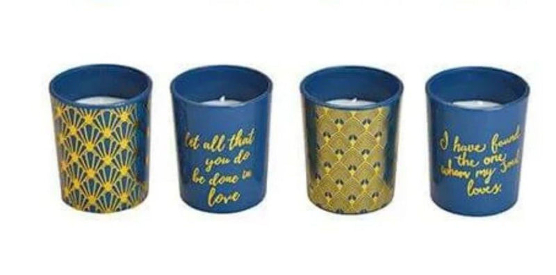 4er Set tolles Windlicht- Teelicht Kerzenset in blau mit goldfarbenem Muster, Durchmesser je 6 cm, Höhe 8 cm, tolle Geschenkidee oder Heimdekoration