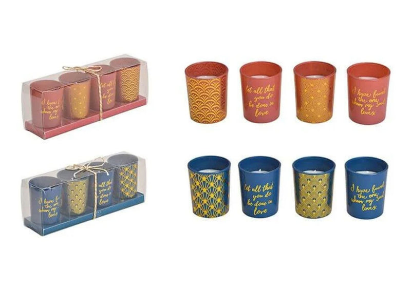 4er Set tolles Windlicht- Teelicht Kerzenset in blau mit goldfarbenem Muster, Durchmesser je 6 cm, Höhe 8 cm, tolle Geschenkidee oder Heimdekoration