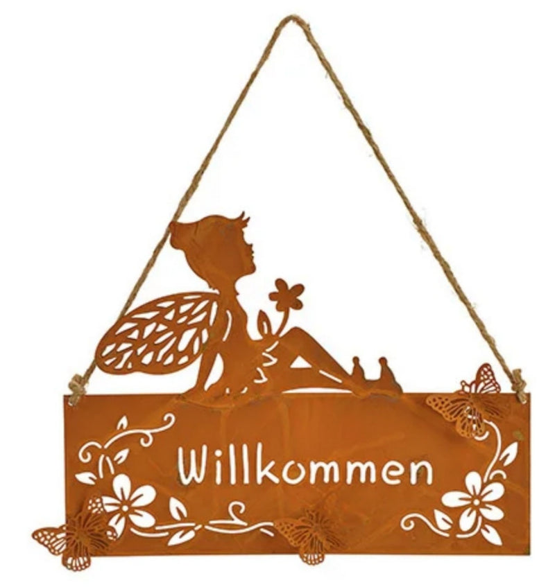 Garten Metallschild im rostig finish Stil, Modell: GARTENFEE, Maße 27 x 19 cm, braun, gestanzt mit aufwendigen Verzierungen