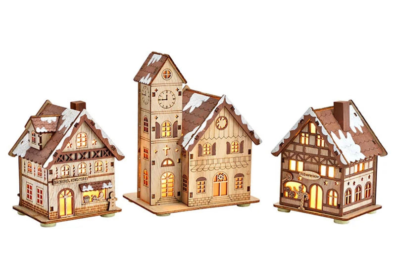 Verziertes und beleuchtetes RATHAUS aus Holz filigran gearbeitet. Maße 12 x 16 x 9 cm. Idyllische Weihnachtsdekoration