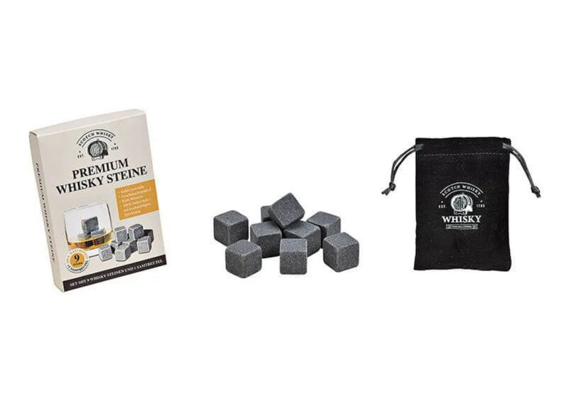 Whisky-Stein Set, 9 Stk. Eiswürfel aus Basalt-Stein 2x2x2cm in Basalt Grau, Set im stylischen Samtbeutel. Neidfaktor inclusive