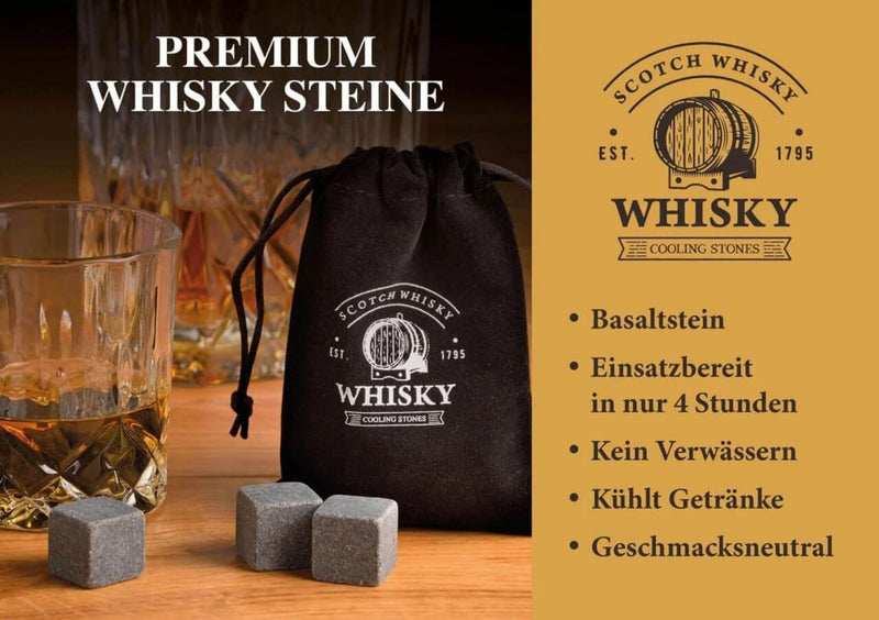 Whisky-Stein Set, 9 Stk. Eiswürfel aus Basalt-Stein 2x2x2cm in Basalt Grau, Set im stylischen Samtbeutel. Neidfaktor inclusive