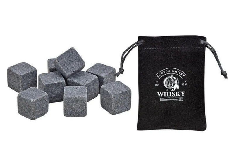 Whisky-Stein Set, 9 Stk. Eiswürfel aus Basalt-Stein 2x2x2cm in Basalt Grau, Set im stylischen Samtbeutel. Neidfaktor inclusive