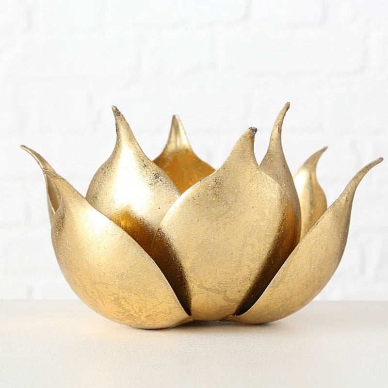 Top aktueller Kerzenständer Modell BLOSSOM  , Durchmesser 20 cm, Höhe 11 cm, Eisen, gold farbig lackiert, fester Stand, hoher Neidfaktor, Windlicht für innen und aussen, Glaseinsatz