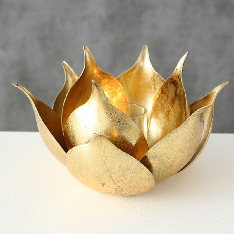 Top aktueller Kerzenständer Modell BLOSSOM  , Durchmesser 20 cm, Höhe 11 cm, Eisen, gold farbig lackiert, fester Stand, hoher Neidfaktor, Windlicht für innen und aussen, Glaseinsatz