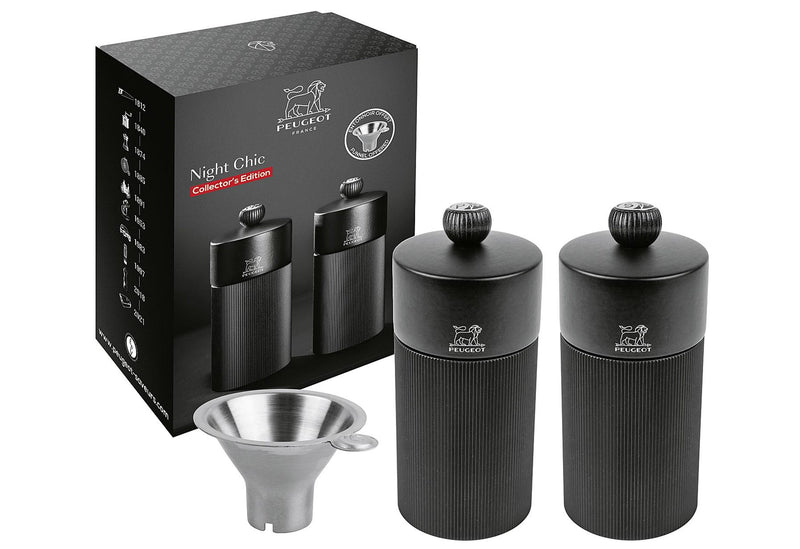 PEUGEOT Duo Pfeffer & Salzmühle Night Chic Line inkl. Edelstahltrichter 12cm mattschwarz