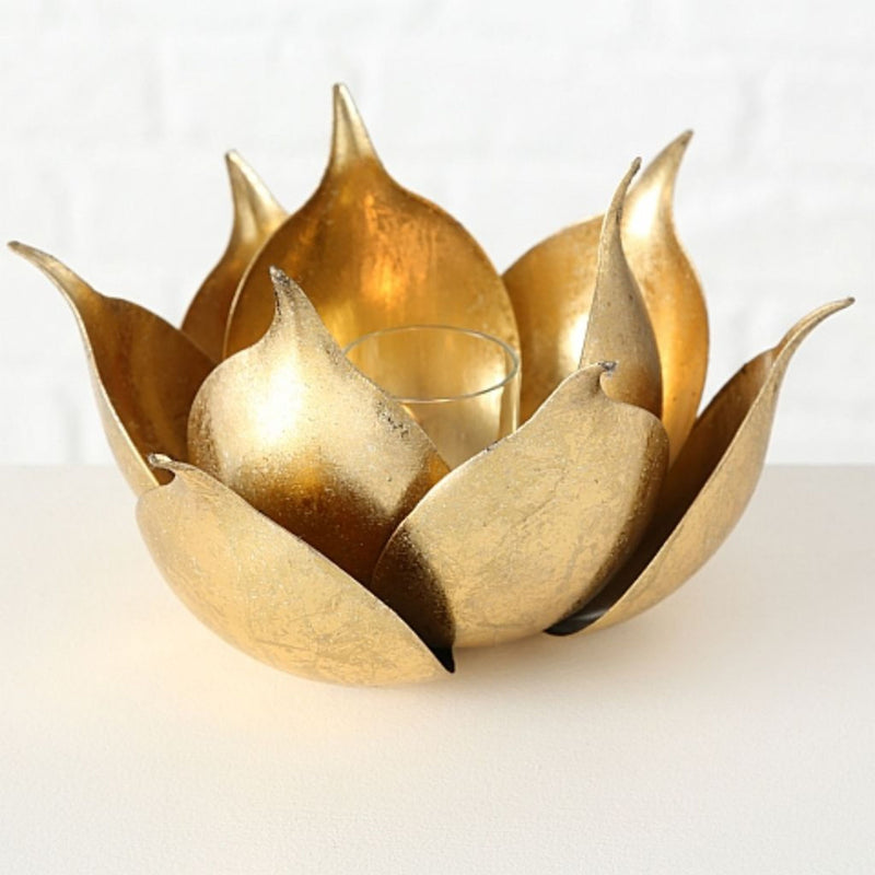 Top aktueller Kerzenständer Modell BLOSSOM  , Durchmesser 20 cm, Höhe 11 cm, Eisen, gold farbig lackiert, fester Stand, hoher Neidfaktor, Windlicht für innen und aussen, Glaseinsatz