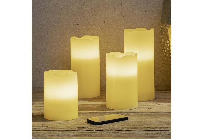 HI LED  Kerzen flammenlos inkl. FB batteriebetr Ø7,5cm H10/12,5/15/17,5cm 4er Set