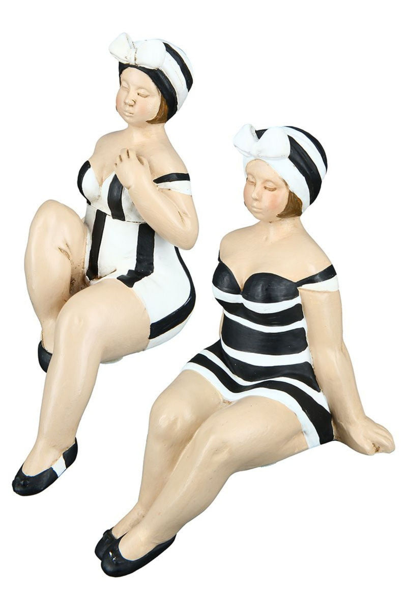 Tolles Themen Figuren Set, 2 maritime nostalgische Strandnixen im schwarz weißen Badeanzug, Kantensitzer, stabiler Kunststein, durch wundervolles Design in Szene gesetzt, je ca. 13 x 8 x 8 cm