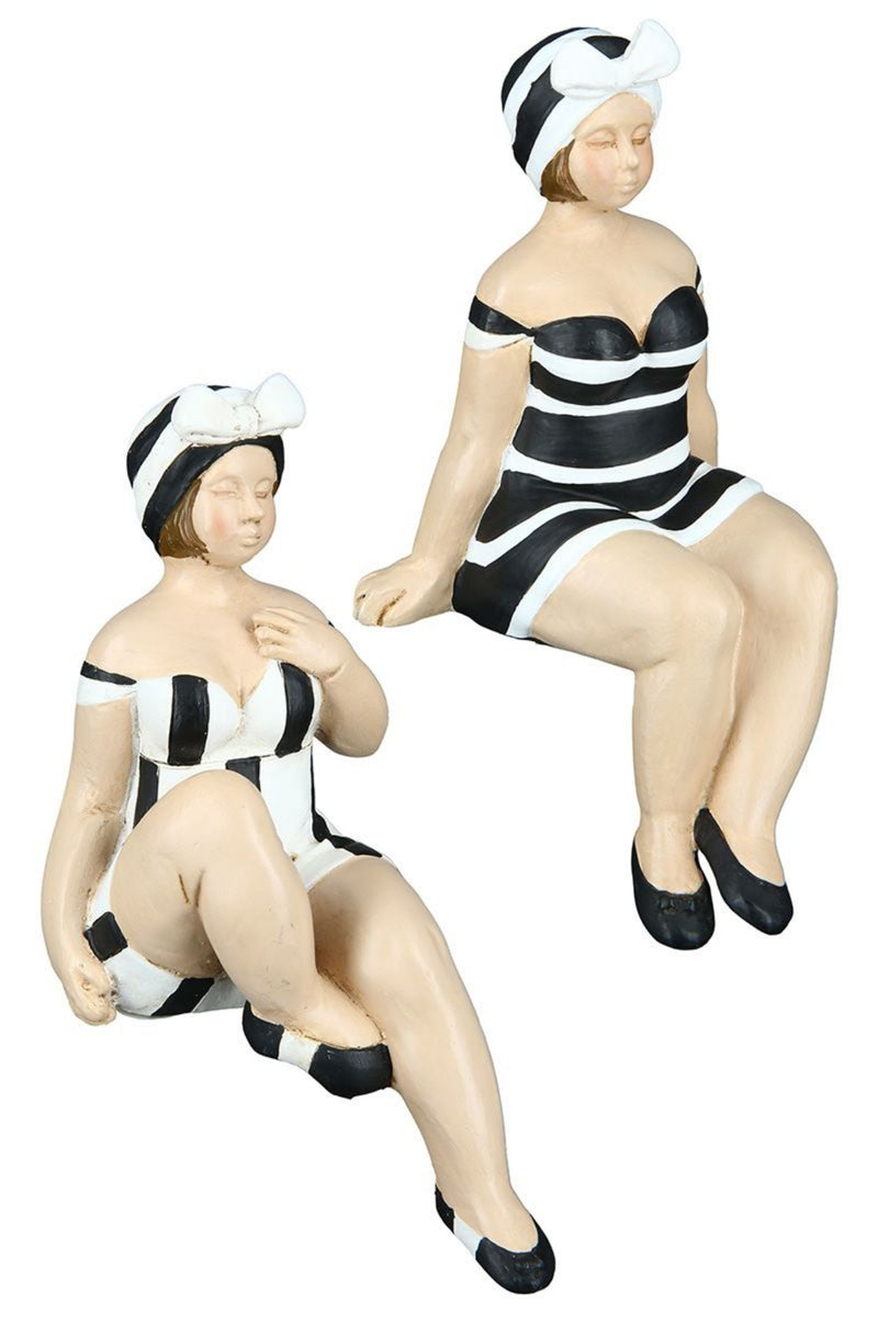 Tolles Themen Figuren Set, 2 maritime nostalgische Strandnixen im schwarz weißen Badeanzug, Kantensitzer, stabiler Kunststein, durch wundervolles Design in Szene gesetzt, je ca. 13 x 8 x 8 cm