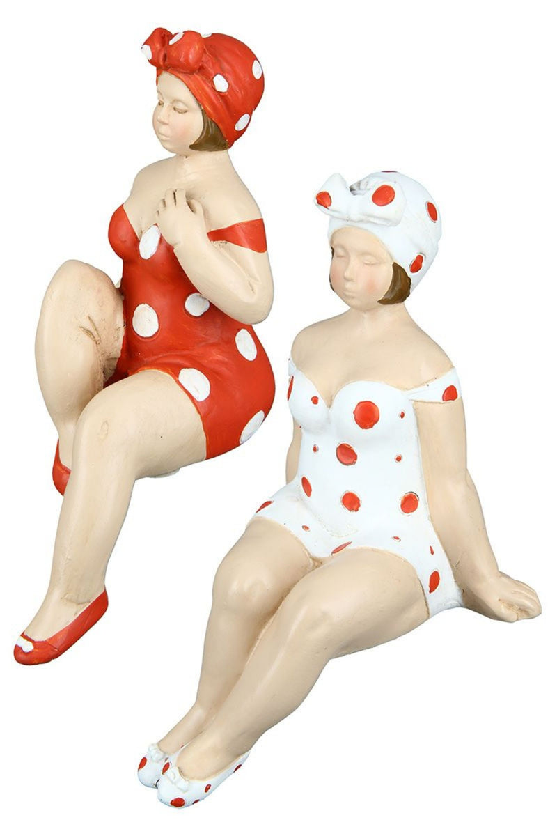 Tolles Themen Figuren Set, 2 Maritime nostalgische Strandnixen im rot weißen Badeanzug, Kantensitzer, Stabiler Kunststein, je ca. 13 x 8 x 8 cm
