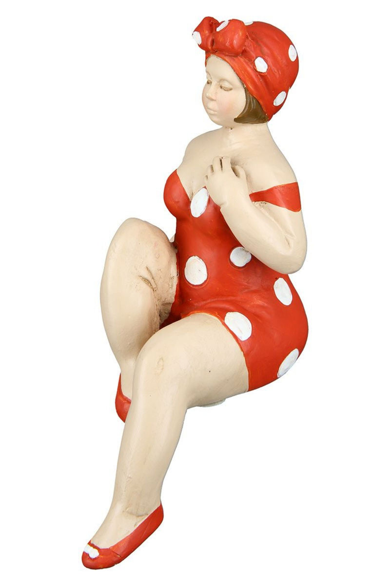 Tolles Themen Figuren Set, 2 Maritime nostalgische Strandnixen im rot weißen Badeanzug, Kantensitzer, Stabiler Kunststein, je ca. 13 x 8 x 8 cm