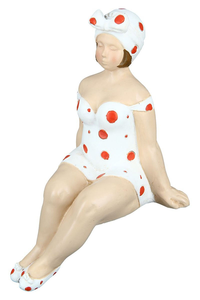 Tolles Themen Figuren Set, 2 Maritime nostalgische Strandnixen im rot weißen Badeanzug, Kantensitzer, Stabiler Kunststein, je ca. 13 x 8 x 8 cm