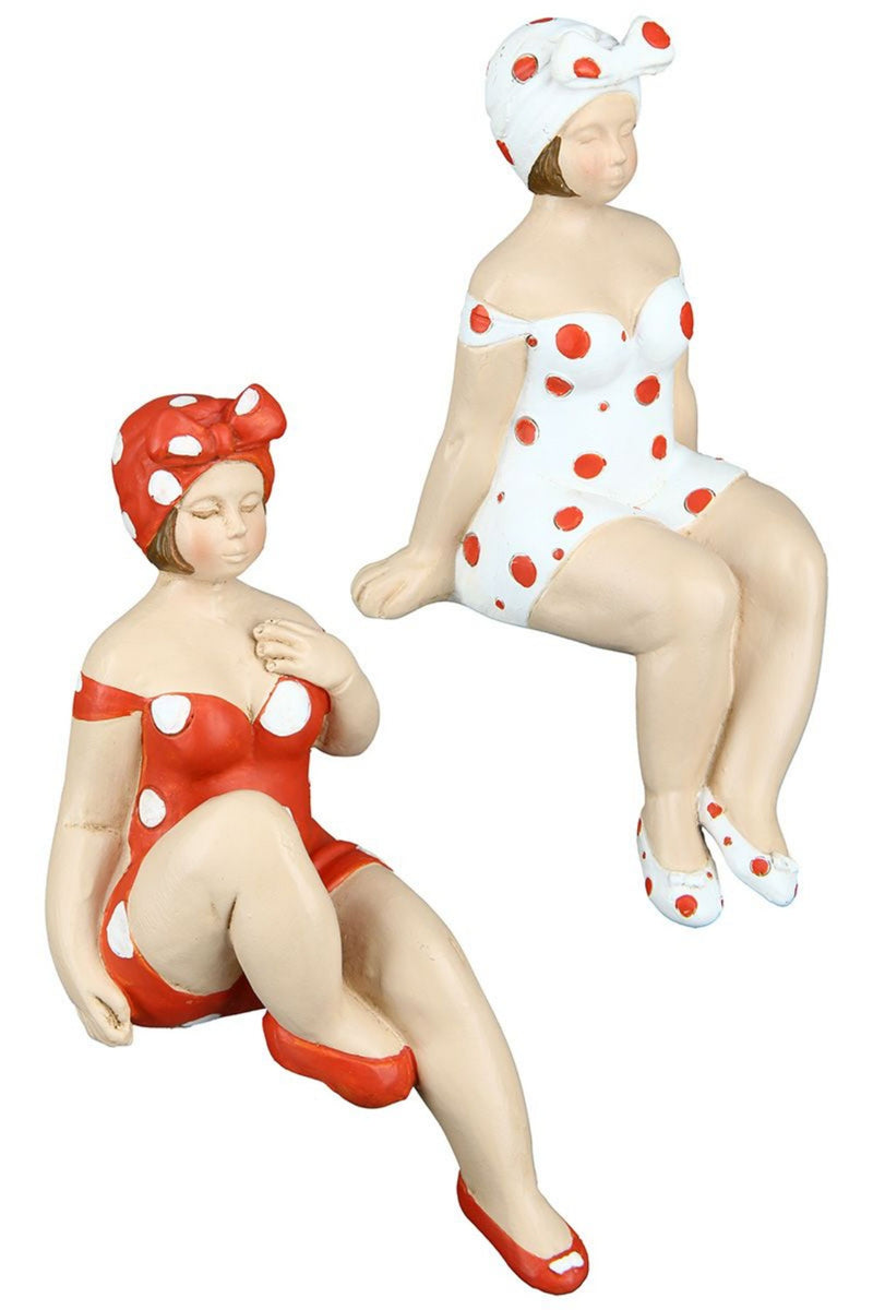 Tolles Themen Figuren Set, 2 Maritime nostalgische Strandnixen im rot weißen Badeanzug, Kantensitzer, Stabiler Kunststein, je ca. 13 x 8 x 8 cm