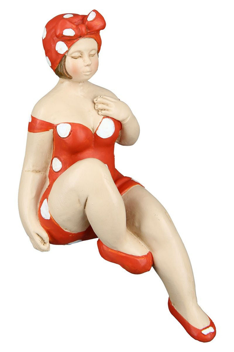 Tolles Themen Figuren Set, 2 Maritime nostalgische Strandnixen im rot weißen Badeanzug, Kantensitzer, Stabiler Kunststein, je ca. 13 x 8 x 8 cm