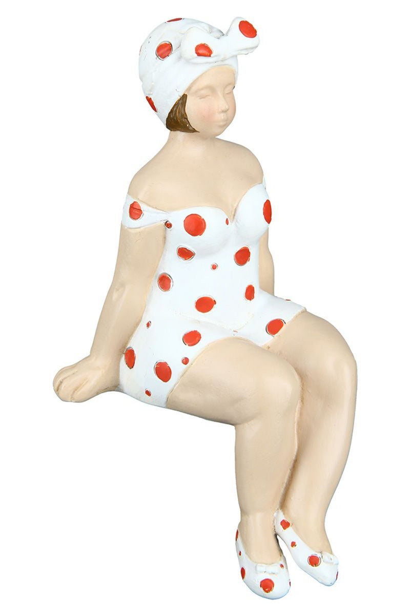 Tolles Themen Figuren Set, 2 Maritime nostalgische Strandnixen im rot weißen Badeanzug, Kantensitzer, Stabiler Kunststein, je ca. 13 x 8 x 8 cm