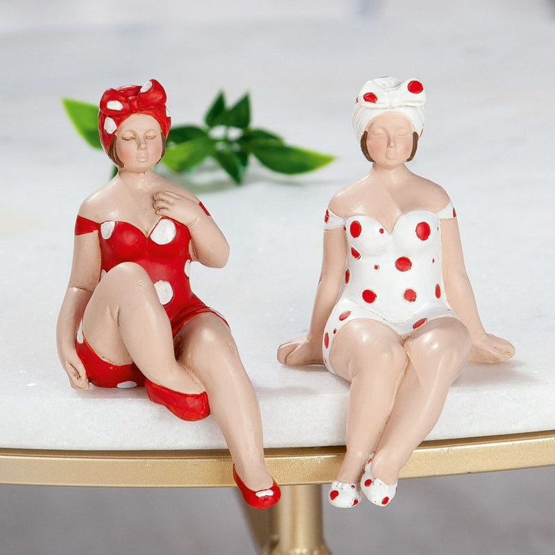 Tolles Themen Figuren Set, 2 Maritime nostalgische Strandnixen im rot weißen Badeanzug, Kantensitzer, Stabiler Kunststein, je ca. 13 x 8 x 8 cm