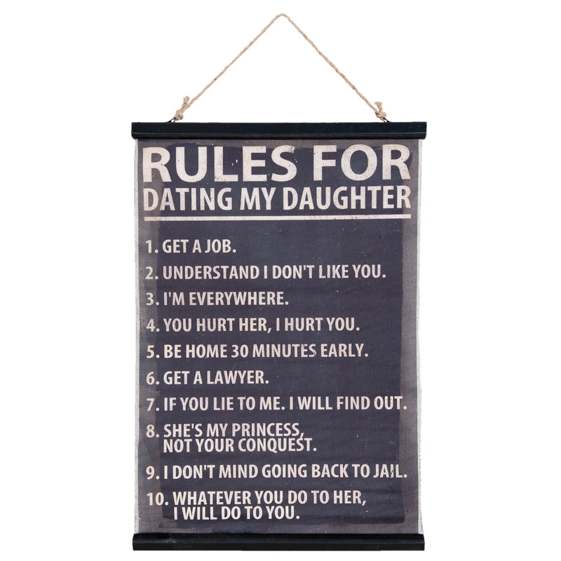 Riesiges Tolles Vintage Retro Schild aus Baumwolle, RULES FOR DATING MY DAUGHTER , Material Holz und Baumwolle , schwarz grau, Maße 73 x 51 cm, tolle Geschenkidee