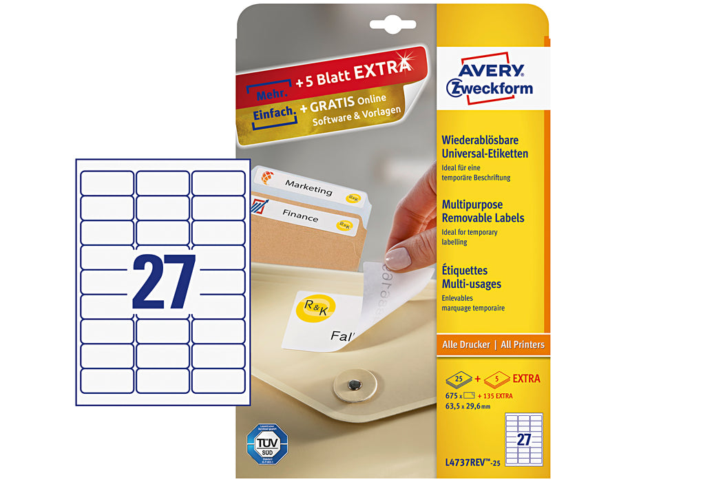 AVERY ZWECKFORM Universal-Etiketten L4737REV-25 63,5x29,6mm weiß 25 Blatt