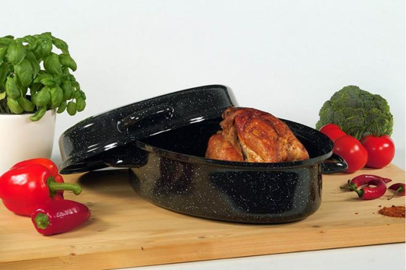KARL KRÜGER Gänsebräter oval 7,5 l Ø38cm emailliert schwarz/weiß gesprenkelt