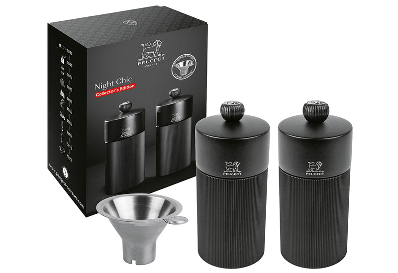 PEUGEOT Duo Pfeffer & Salzmühle Night Chic Line inkl. Edelstahltrichter 12cm mattschwarz