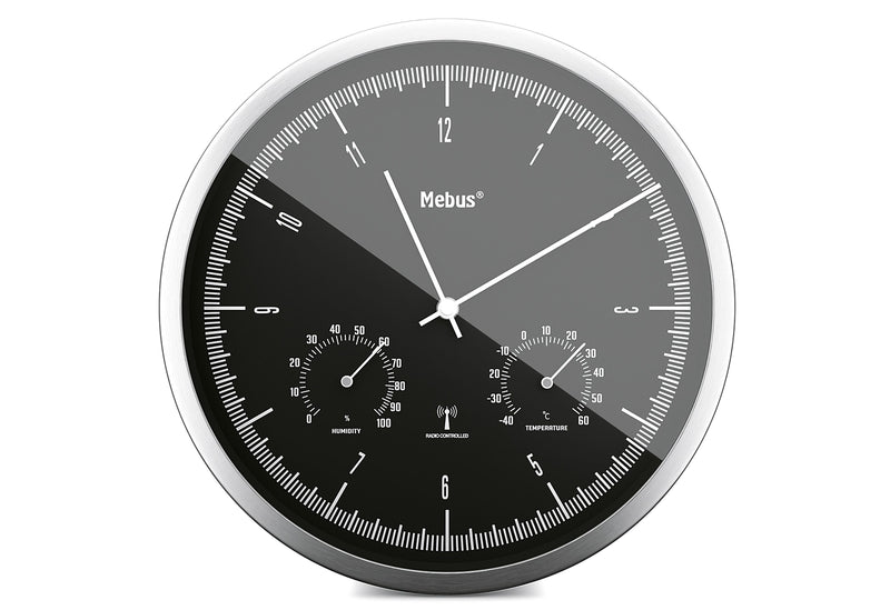 MEBUS Funkwanduhr mit Thermo Hygrometer Ø25cm silber