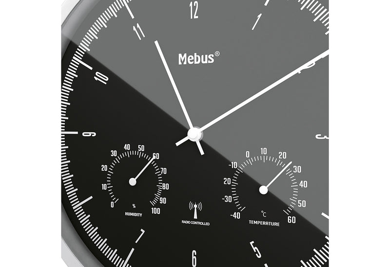 MEBUS Funkwanduhr mit Thermo Hygrometer Ø25cm silber