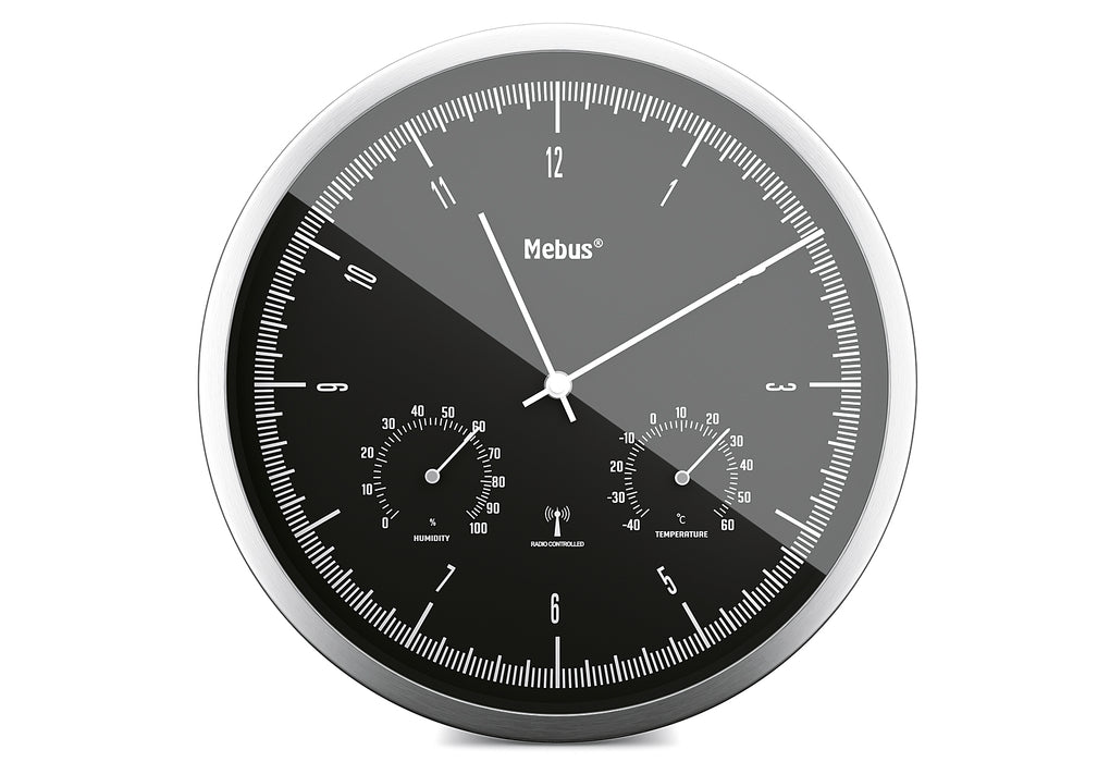 MEBUS Funkwanduhr mit Thermo Hygrometer Ø25cm silber