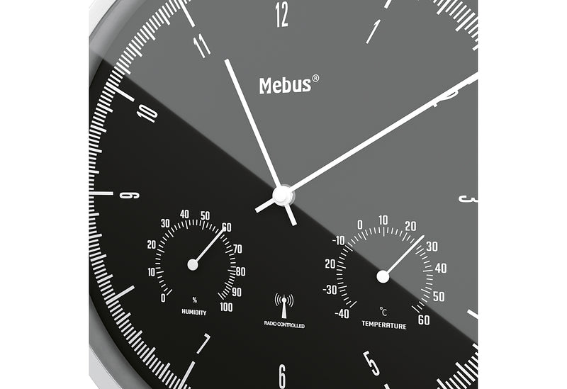 MEBUS Funkwanduhr mit Thermo Hygrometer Ø25cm silber