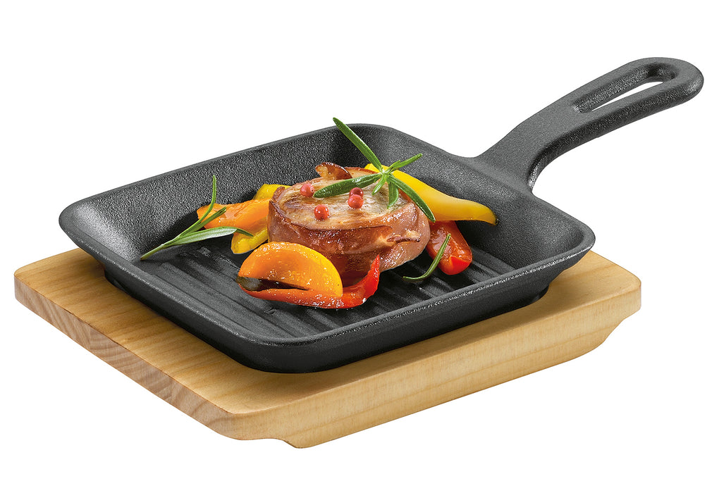 KÜCHENPROFI Grill-/Servierpfanne eckig mit Holzbrett BBQ 23x13,5x5,5cm