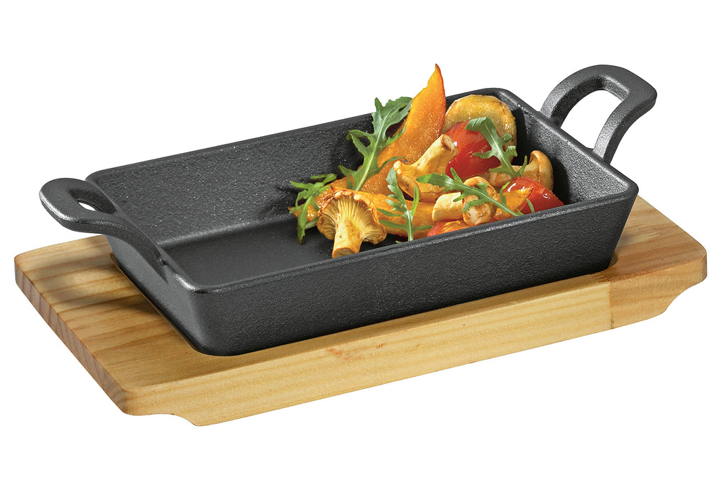 KÜCHENPROFI Servierpfanne eckig mit 2 Griffen und Holzbrett BBQ 21,5x12,5x6cm