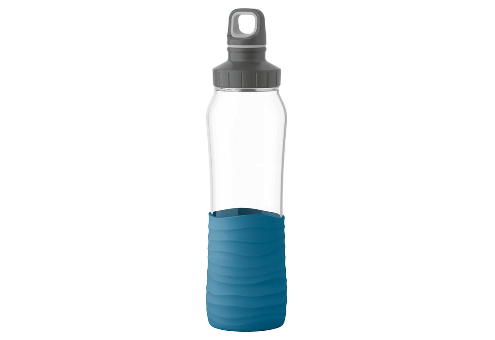 EMSA Trinkflasche Drink2Go Glas 0,7l Silikonmanschette aqua-blau