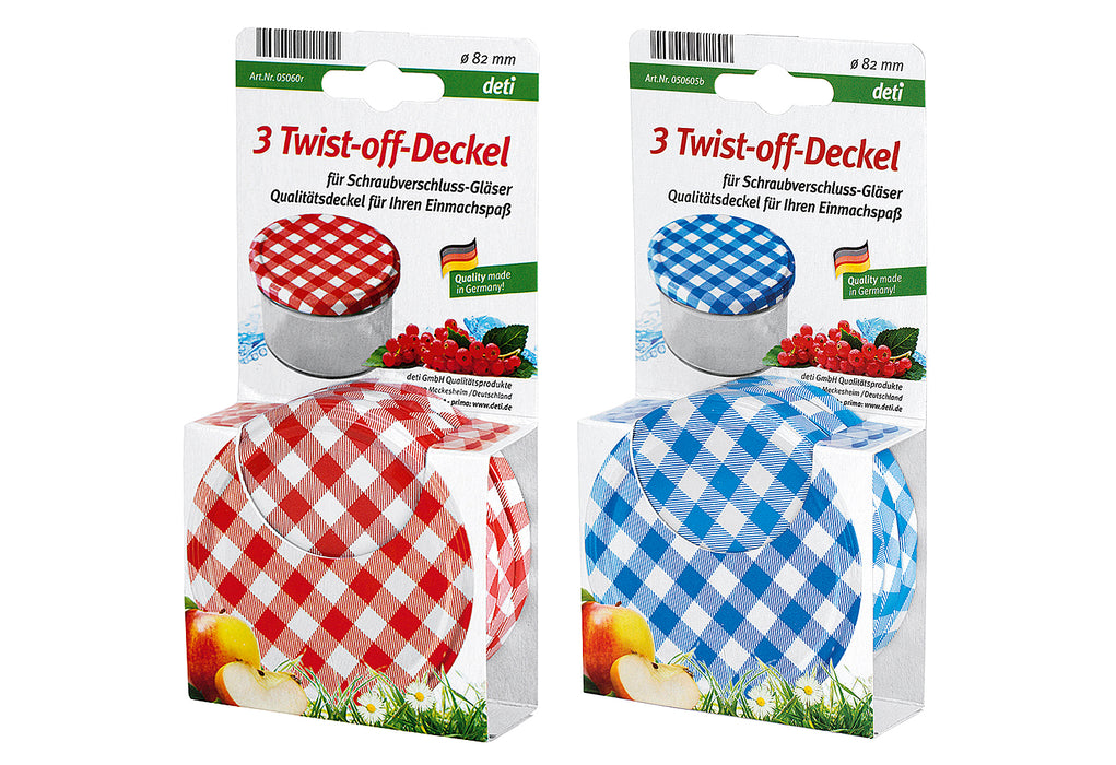 DETI Twist-off-Deckel Ø82mm sortiert rot/weiß oder blau/weiß kariert PVC-frei Blue Seal 3Stück