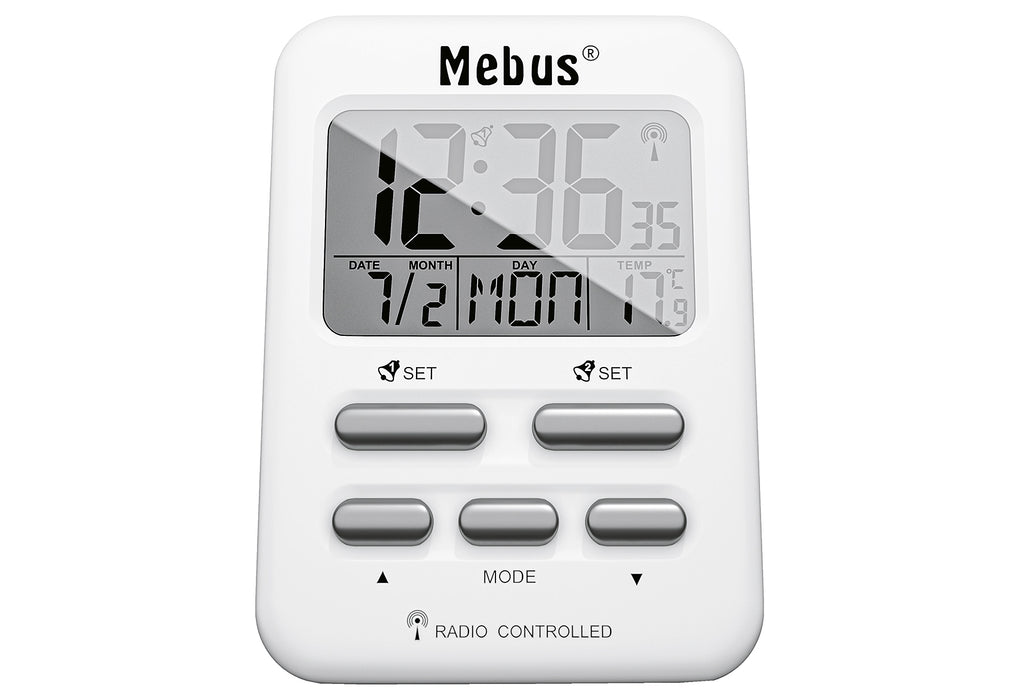 MEBUS Funkwecker 6,9x9,6x4,5cm digital weiß