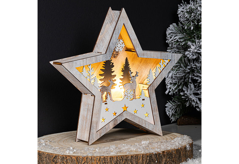 HI LED Holzstern batteriebetrieben 25,5x5x25,5cm