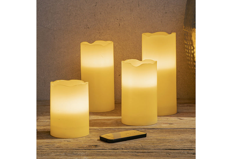 HI LED  Kerzen flammenlos inkl. FB batteriebetr Ø7,5cm H10/12,5/15/17,5cm 4er Set